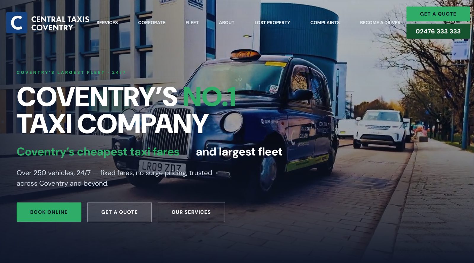 The Central Taxis Coventry homepage after the rebuild: a black cab against the city, with fixed-fare messaging and a book-online button