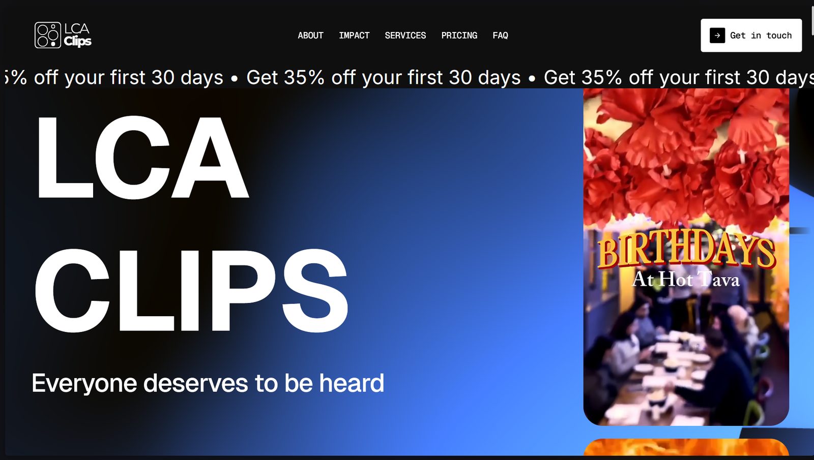 The LCA Clips homepage: oversized type reading LCA Clips over a blue gradient, with a promotional ticker and short-form video tiles