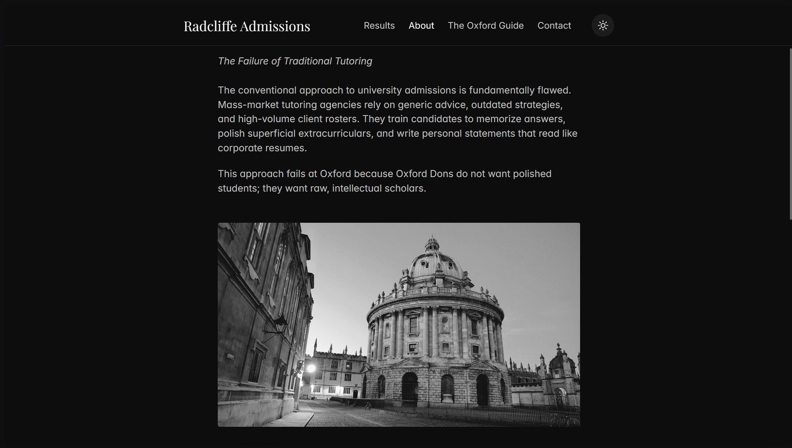 The Radcliffe Admissions site: long-form editorial copy in a dark theme, above a black-and-white photograph of the Radcliffe Camera